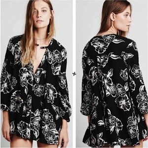 Free People Smooth Talker Mini Dress Tunic Black White Floral‎ Sz Small OB546452